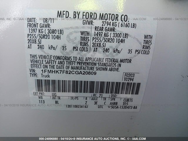 1FMHK7F82CGA20809 - 2012 FORD EXPLORER LIMITED WHITE photo 9