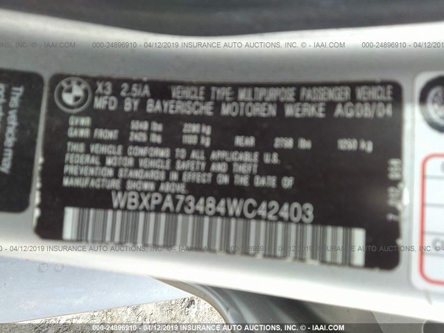 WBXPA73484WC42403 - 2004 BMW X3 2.5I SILVER photo 9