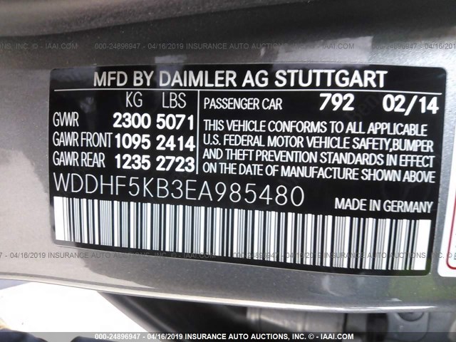 WDDHF5KB3EA985480 - 2014 MERCEDES-BENZ E 350 GRAY photo 9