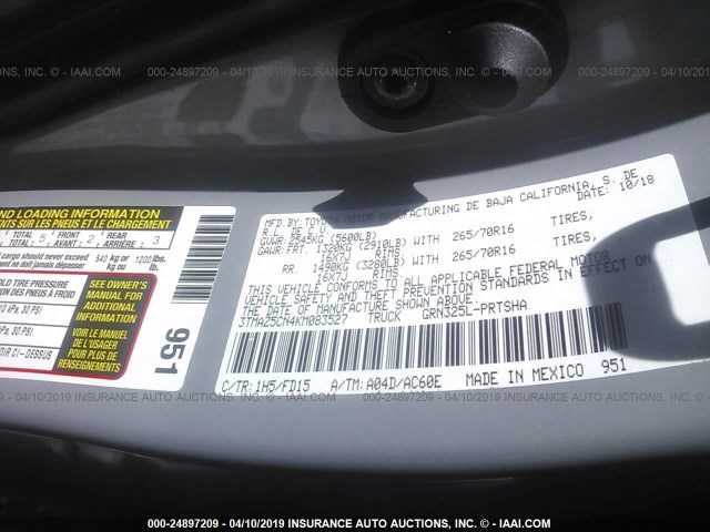 3TMAZ5CN4KM083527 - 2019 TOYOTA TACOMA DOUBLE CAB/SR5/TRD SPORT/ GRAY photo 9