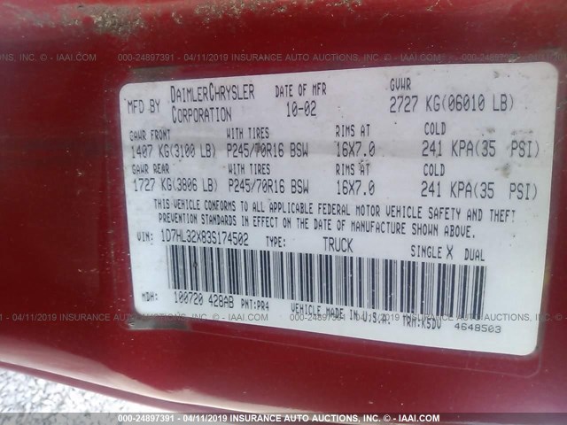 1D7HL32X83S174502 - 2003 DODGE DAKOTA SPORT RED photo 9