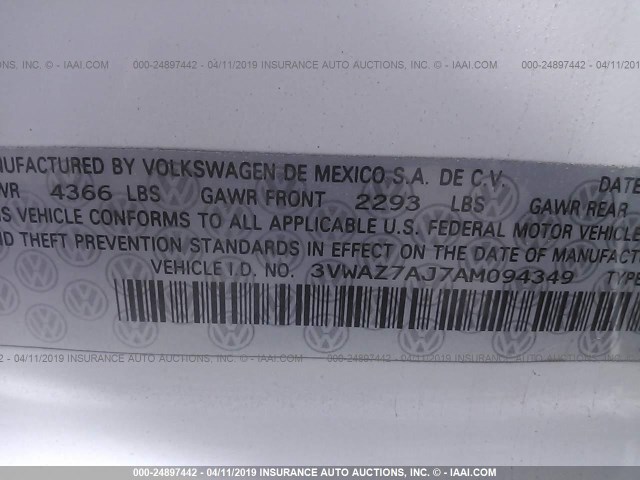 3VWAZ7AJ7AM094349 - 2010 VOLKSWAGEN JETTA LIMITED WHITE photo 9