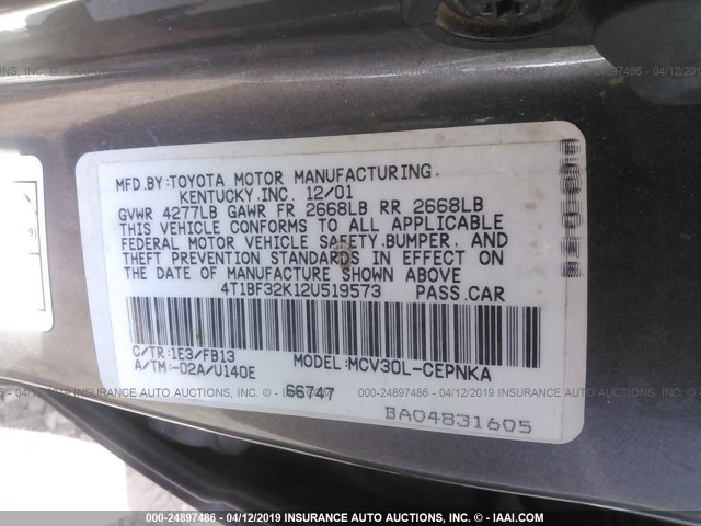 4T1BF32K12U519573 - 2002 TOYOTA CAMRY LE/XLE/SE BLACK photo 9