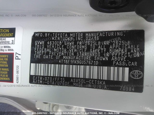 4T1BF1FK9GU576710 - 2016 TOYOTA CAMRY LE/XLE/SE/XSE 白色 照片 9