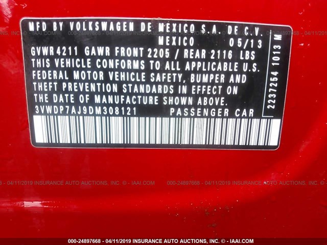 3VWDP7AJ9DM308121 - 2013 VOLKSWAGEN JETTA SE 红色 照片 9