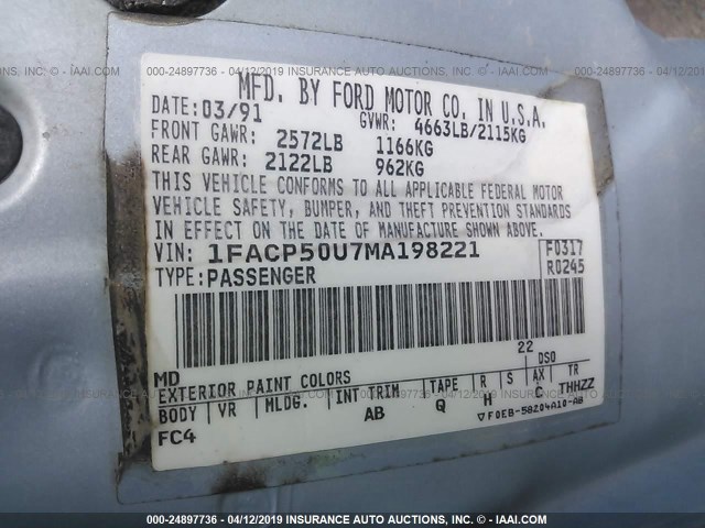 1FACP50U7MA198221 - 1991 FORD TAURUS L BLUE photo 9