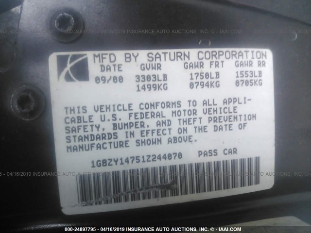 1G8ZY14751Z244070 - 2001 SATURN SC2 RED photo 9