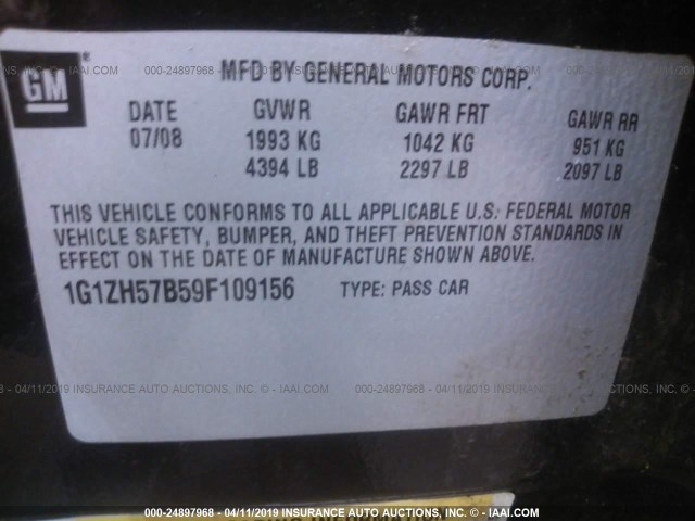 1G1ZH57B59F109156 - 2009 CHEVROLET MALIBU 1LT 黑色 照片 9