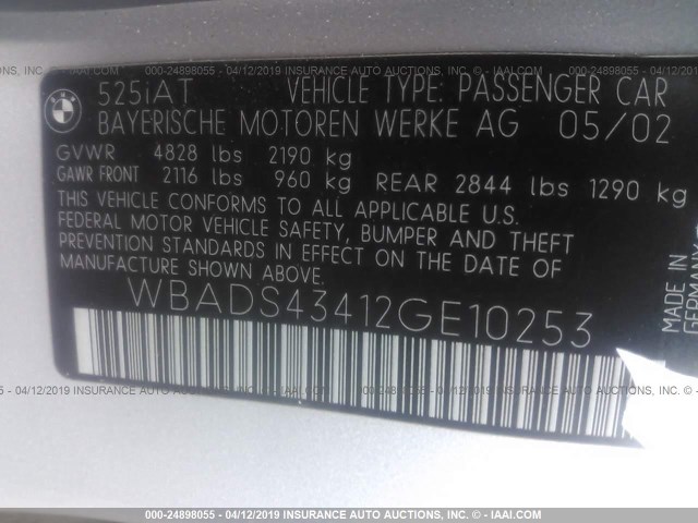 WBADS43412GE10253 - 2002 BMW 525 IT AUTOMATIC SILVER photo 9