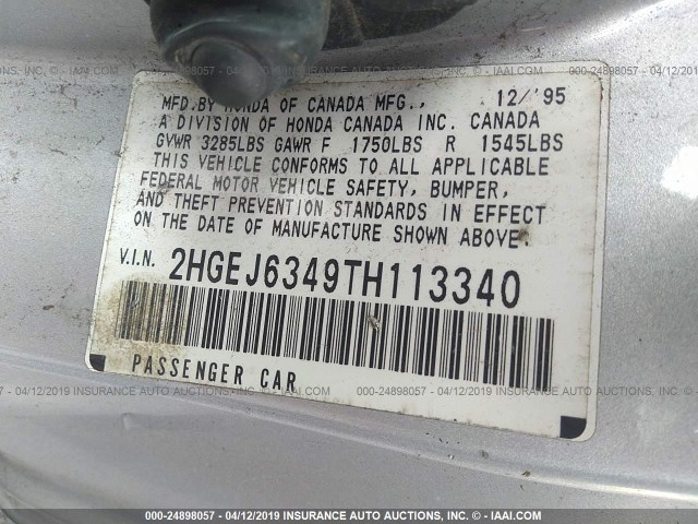 2HGEJ6349TH113340 - 1996 HONDA CIVIC DX SILVER photo 9