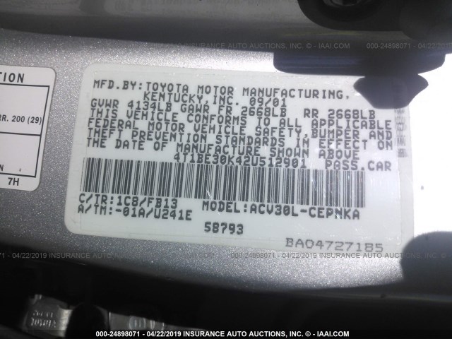 4T1BE30K42U512901 - 2002 TOYOTA CAMRY LE/XLE/SE SILVER photo 9