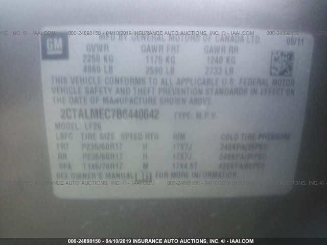 2CTALMEC7B6440642 - 2011 GMC TERRAIN SLE GRAY photo 9