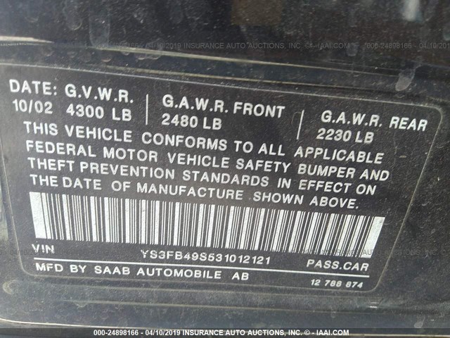 YS3FB49S531012121 - 2003 SAAB 9-3 LINEAR BLACK photo 9