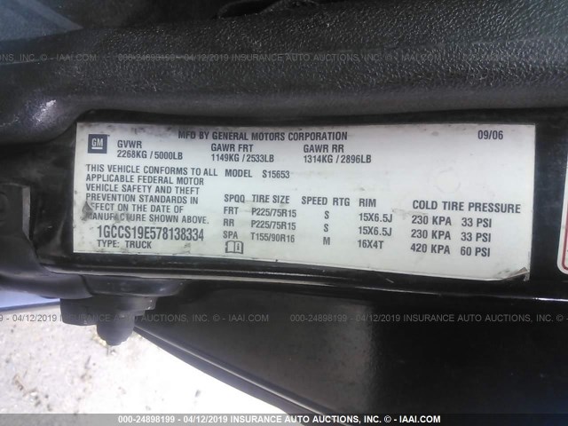 1GCCS19E578138334 - 2007 CHEVROLET COLORADO BLACK photo 9