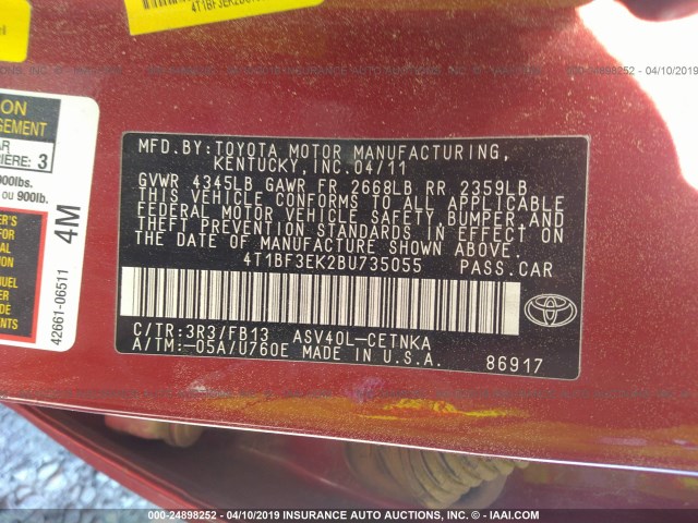 4T1BF3EK2BU735055 - 2011 TOYOTA CAMRY SE/LE/XLE RED photo 9