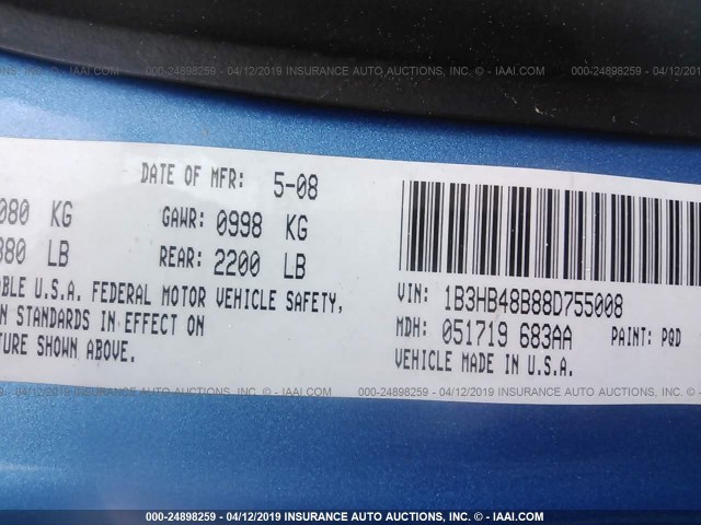 1B3HB48B88D755008 - 2008 DODGE CALIBER SXT BLUE photo 9