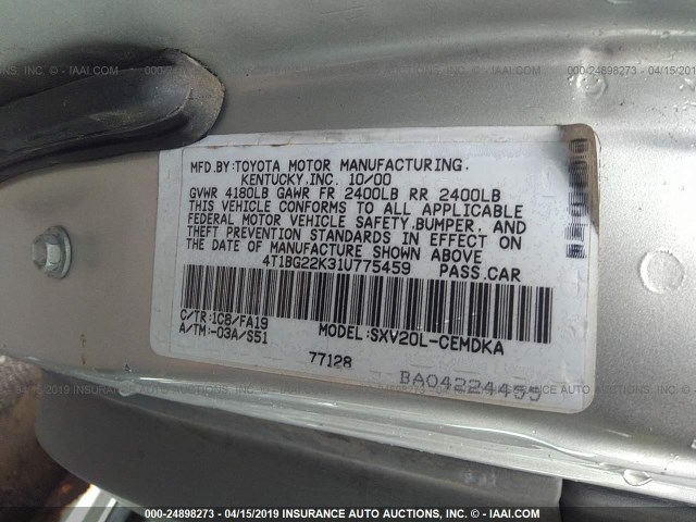 4T1BG22K31U775459 - 2001 TOYOTA CAMRY CE/LE/XLE SILVER photo 9