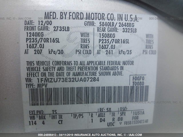 1FMZU73E32UA07284 - 2002 FORD EXPLORER XLT SILVER photo 9