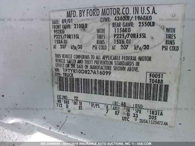 1FTYR10D82PA16099 - 2002 FORD RANGER WHITE photo 9