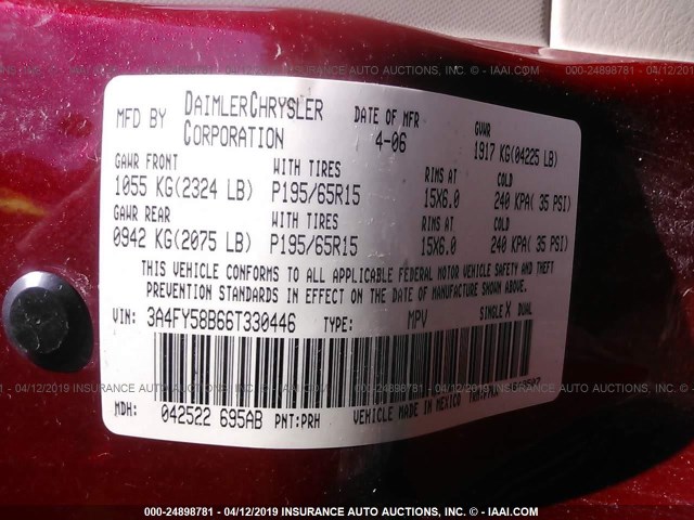 3A4FY58B66T330446 - 2006 CHRYSLER PT CRUISER TOURING MAROON photo 9