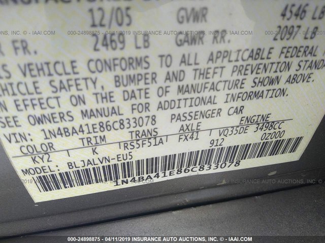 1N4BA41E86C833078 - 2006 NISSAN MAXIMA SE/SL GRAY photo 9