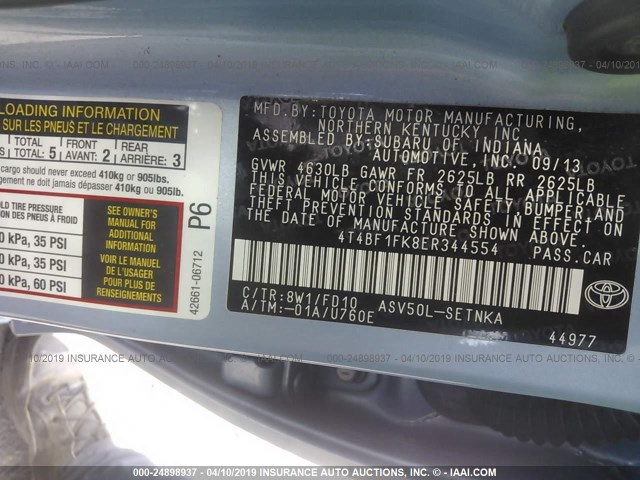 4T4BF1FK8ER344554 - 2014 TOYOTA CAMRY L/SE/LE/XLE 蓝色 照片 9