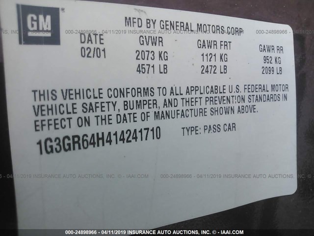 1G3GR64H414241710 - 2001 OLDSMOBILE AURORA BURGUNDY photo 9