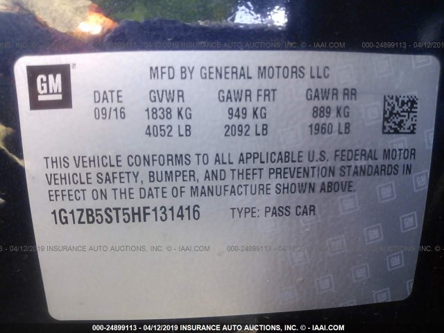 1G1ZB5ST5HF131416 - 2017 CHEVROLET MALIBU LS BLUE photo 9