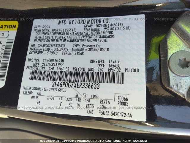 3FA6P0G7XER336633 - 2014 FORD FUSION S BLACK photo 9