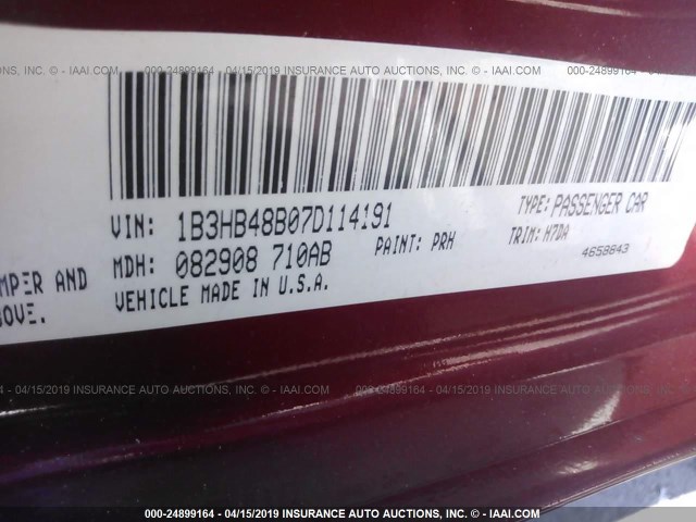 1B3HB48B07D114191 - 2007 DODGE CALIBER SXT BURGUNDY photo 9