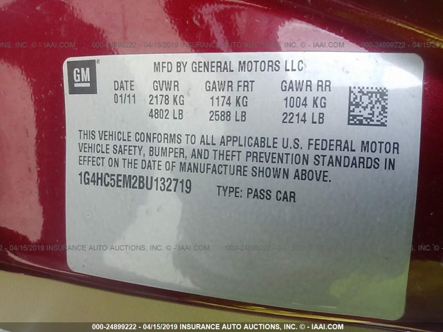 1G4HC5EM2BU132719 - 2011 BUICK LUCERNE CXL RED photo 9