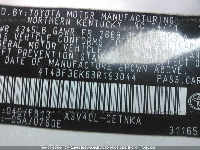 4T4BF3EK6BR193044 - 2011 TOYOTA CAMRY SE/LE/XLE 白色 照片 9