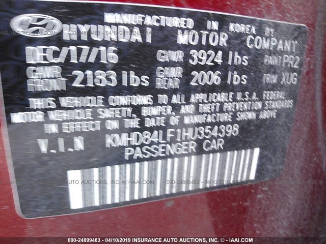 KMHD84LF1HU354398 - 2017 HYUNDAI ELANTRA SE/VALUE/LIMITED RED photo 9