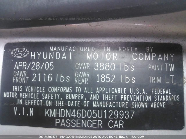 KMHDN46D05U129937 - 2005 HYUNDAI ELANTRA GLS/GT SILVER photo 9