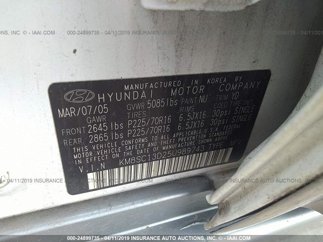 KM8SC13D25U989743 - 2005 HYUNDAI SANTA FE GLS/LX WHITE photo 9