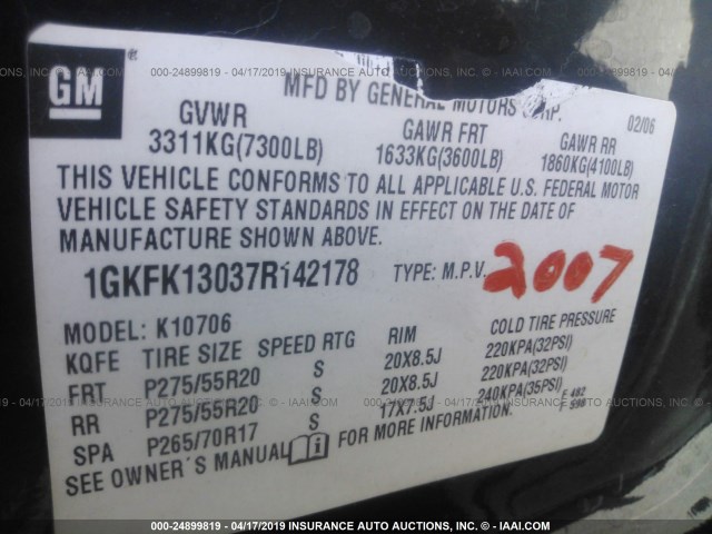 1GKFK13037R142178 - 2007 GMC YUKON BLACK photo 9