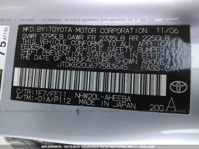 JTDKB20U677583645 - 2007 TOYOTA PRIUS SILVER photo 9