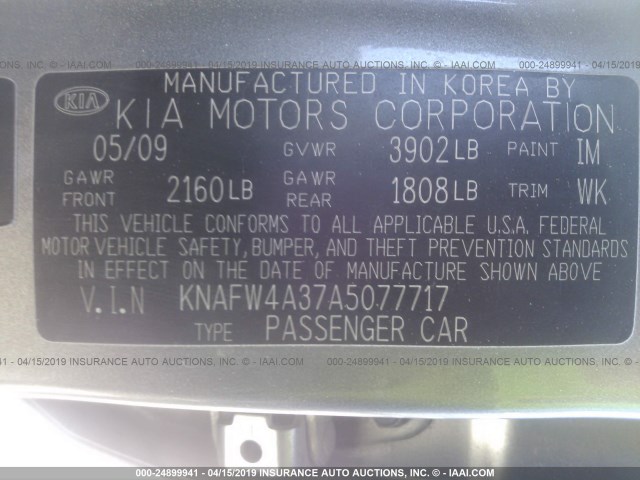 KNAFW4A37A5077717 - 2010 KIA FORTE SX GRAY photo 9