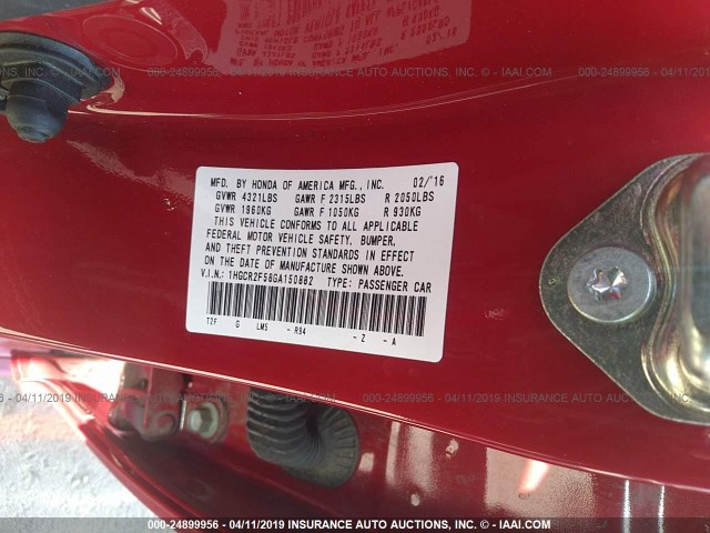 1HGCR2F58GA150882 - 2016 HONDA ACCORD SPORT RED photo 9