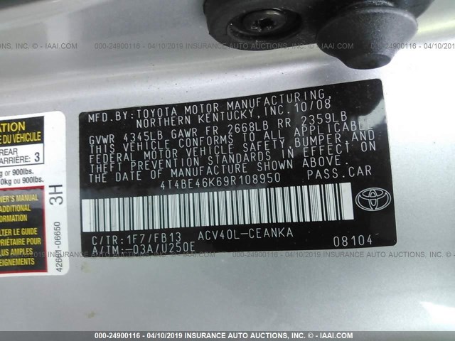 4T4BE46K69R108950 - 2009 TOYOTA CAMRY SE/LE/XLE SILVER photo 9