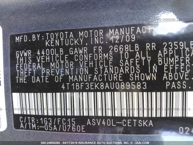 4T1BF3EK8AU089583 - 2010 TOYOTA CAMRY SE/LE/XLE GRAY photo 9