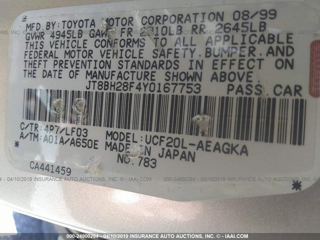 JT8BH28F4Y0167753 - 2000 LEXUS LS 400 GOLD photo 9