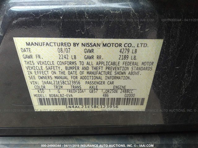 1N4AL21E58C123956 - 2008 NISSAN ALTIMA 2.5/2.5S GRAY photo 9