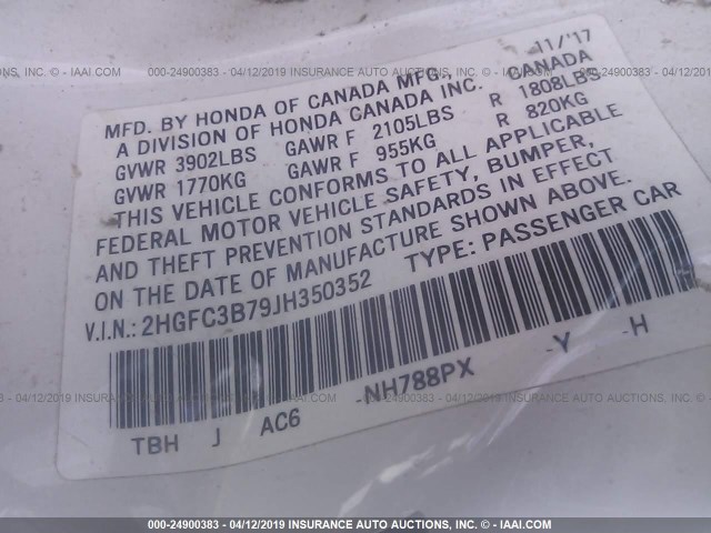 2HGFC3B79JH350352 - 2018 HONDA CIVIC EXL WHITE photo 9