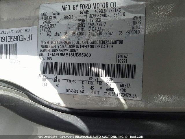 1FMEU65E16UB55980 - 2006 FORD EXPLORER LIMITED Champagne photo 9