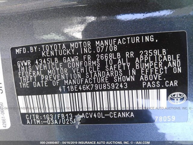 4T1BE46K79U859243 - 2009 TOYOTA CAMRY SE/LE/XLE GRAY photo 9