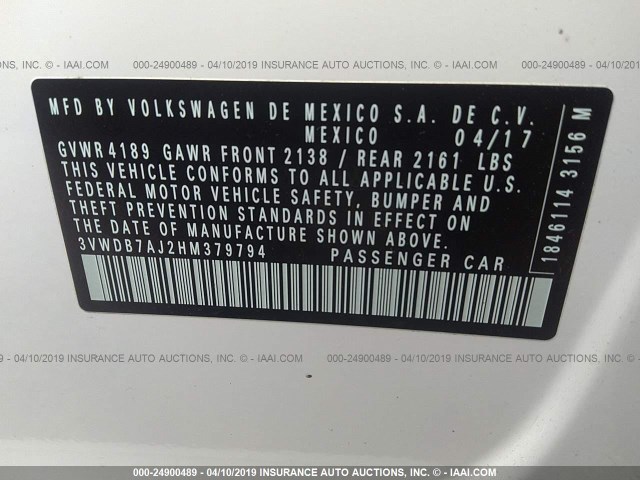 3VWDB7AJ2HM379794 - 2017 VOLKSWAGEN JETTA SE Ақ фото 9