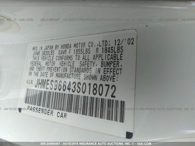 JHMES96643S018072 - 2003 HONDA CIVIC HYBRID WHITE photo 9