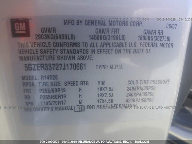 5GZER33727J170661 - 2007 SATURN OUTLOOK SPECIAL 奶油色 照片 9