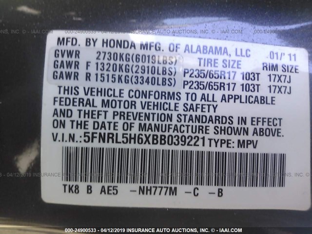 5FNRL5H6XBB039221 - 2011 HONDA ODYSSEY EXL SILVER photo 9